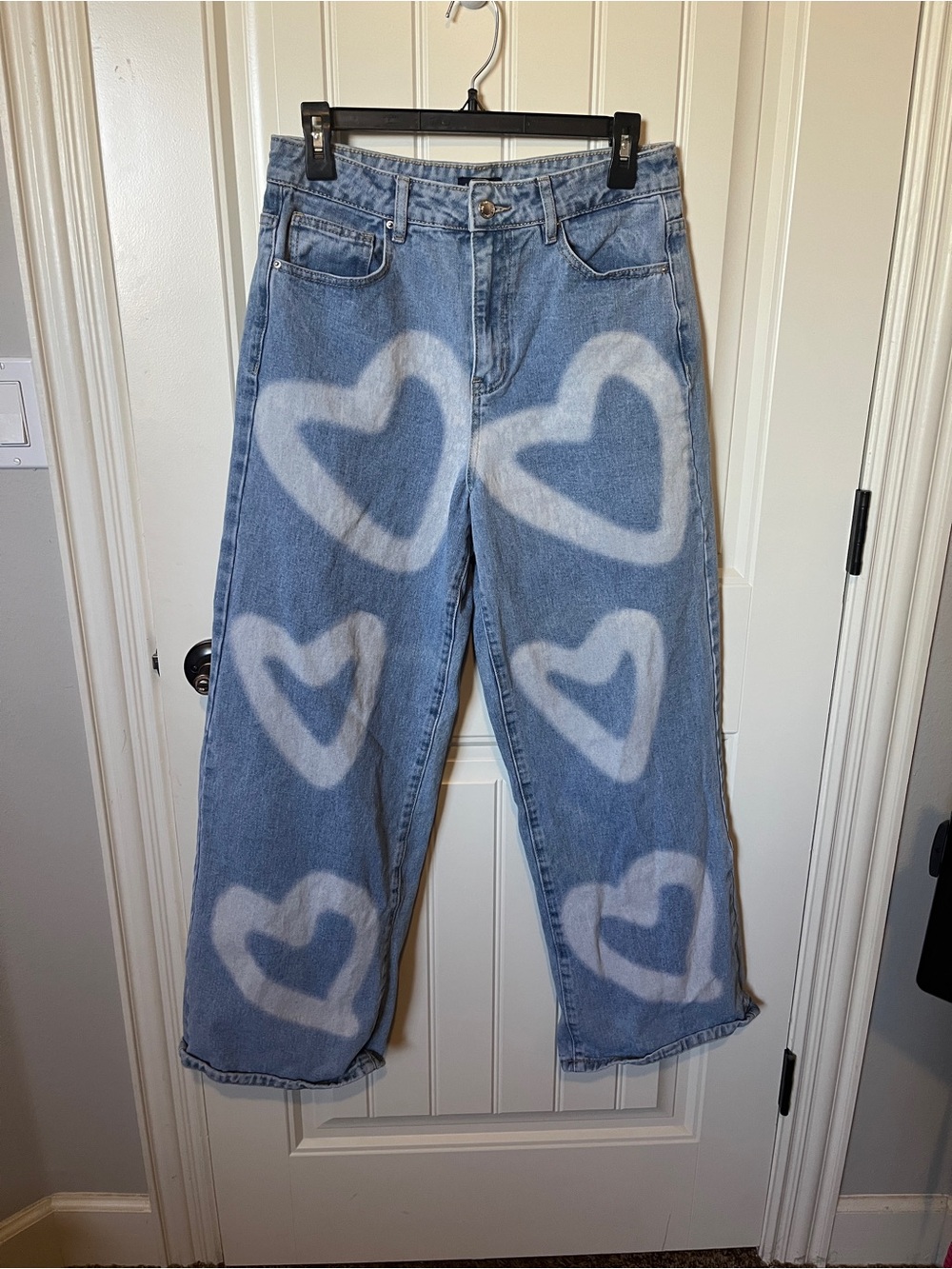 Angel Kiss Light Blue Straight Leg Jeans with White Heart Spray Design